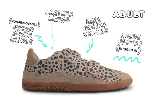 Adults cheetah print velcro sneakers with details on a white background.