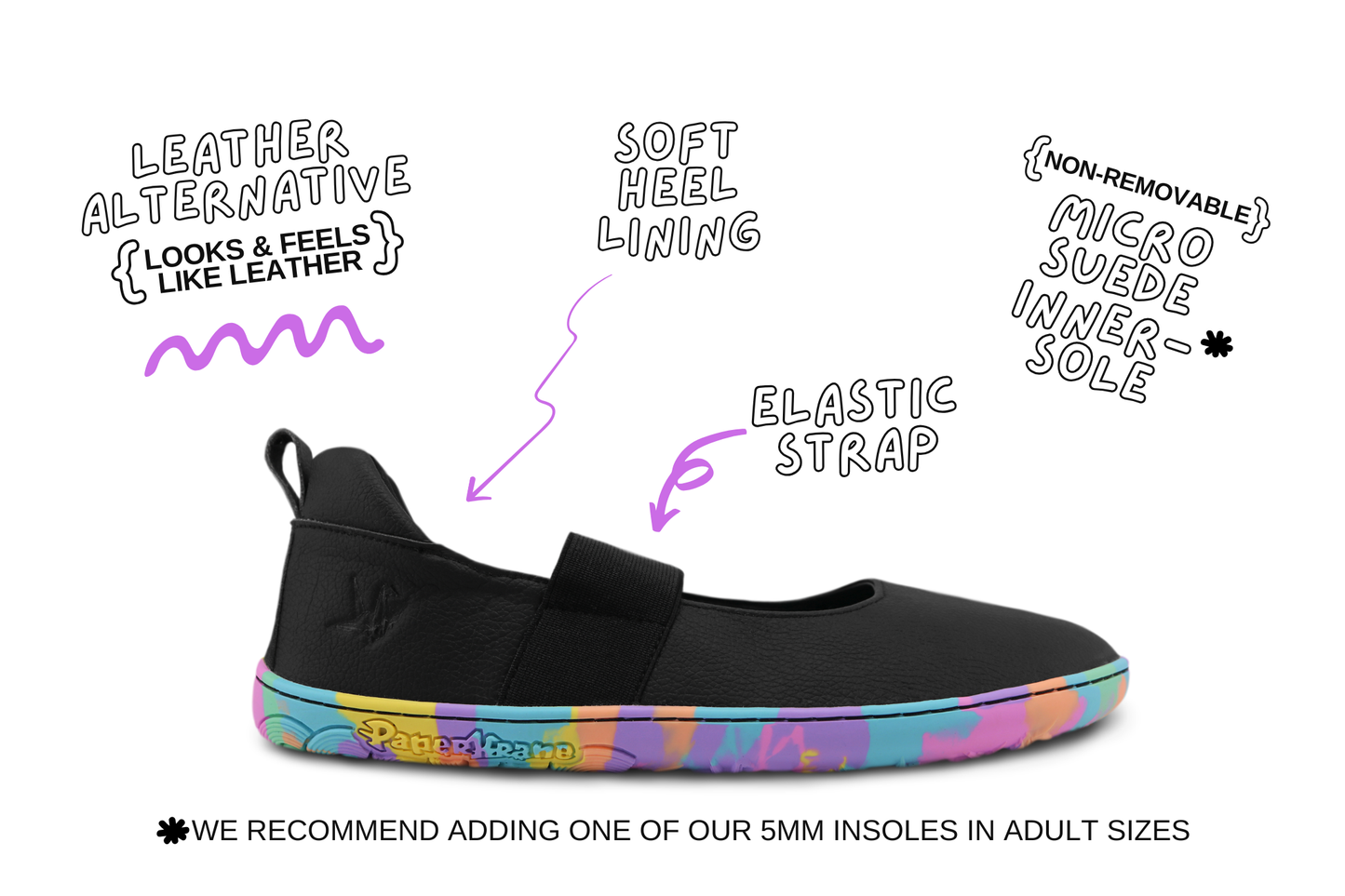 Black vegan leather PaperKrane mary jane flat shoe with colourful patterned sole, annotated with callouts pointing to leather alternative, soft heel lining, elastic strap, and micro suede inner sole, on a white background.