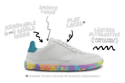 A white low-top sneaker with teal heel tab and a multicolour rainbow-patterned sole, shown on a white background with hand-drawn callouts describing features like smooth lining, flat laces, removable insole, and leather alternative.