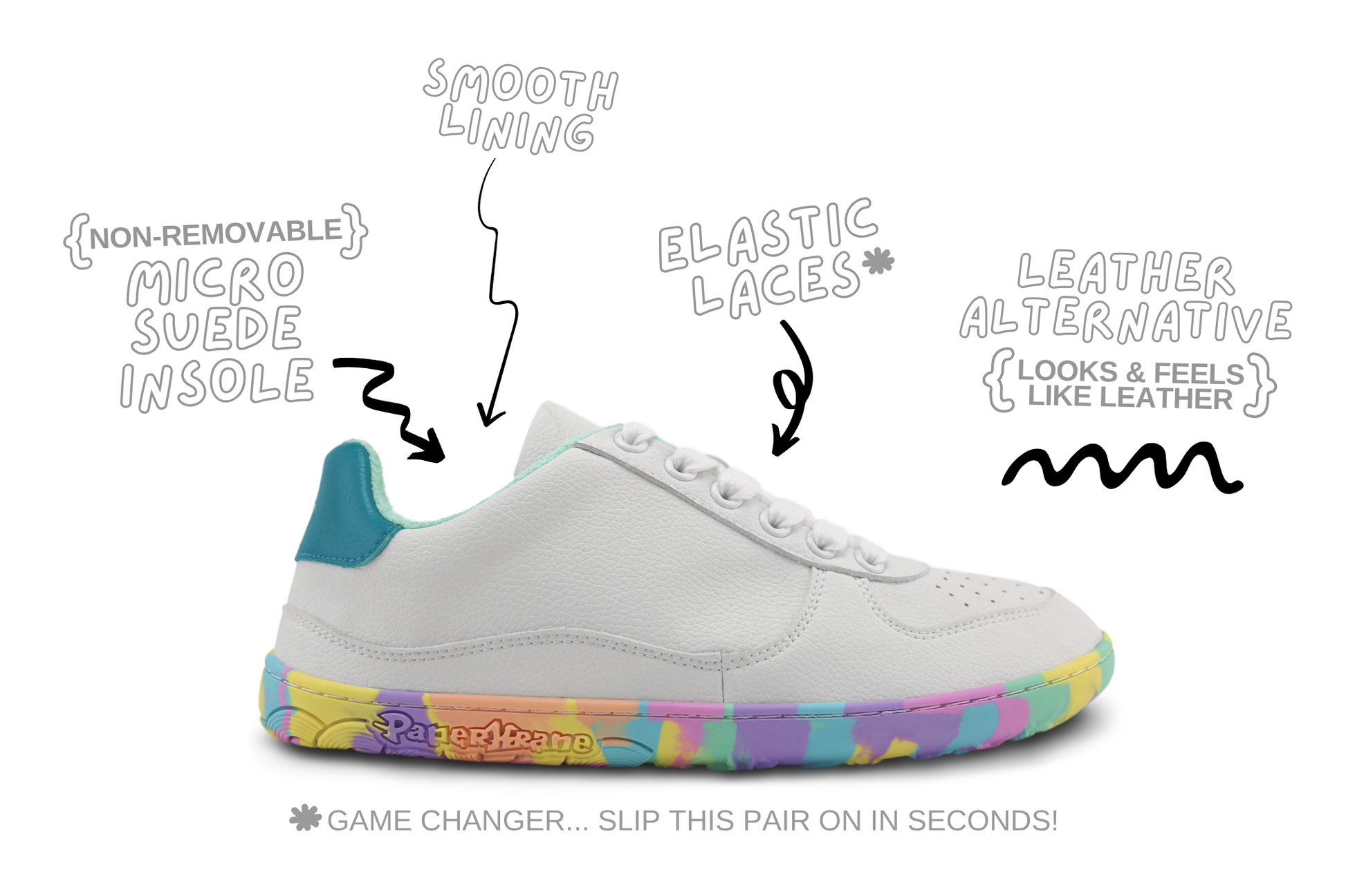 A white low-top barefoot PaperKrane sneaker with a colourful rainbow gradient sole and teal heel, shown with hand-drawn callouts highlighting features like smooth lining, elastic laces, non-removable micro suede insole, and leather alternative.
