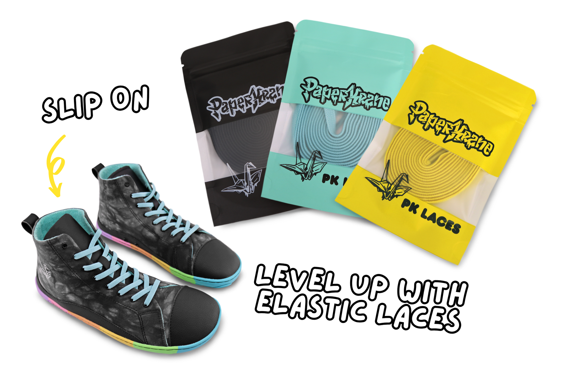 Black high-top sneakers with blue laces and packaging for 'PaperKrane' elastic laces on a white background.