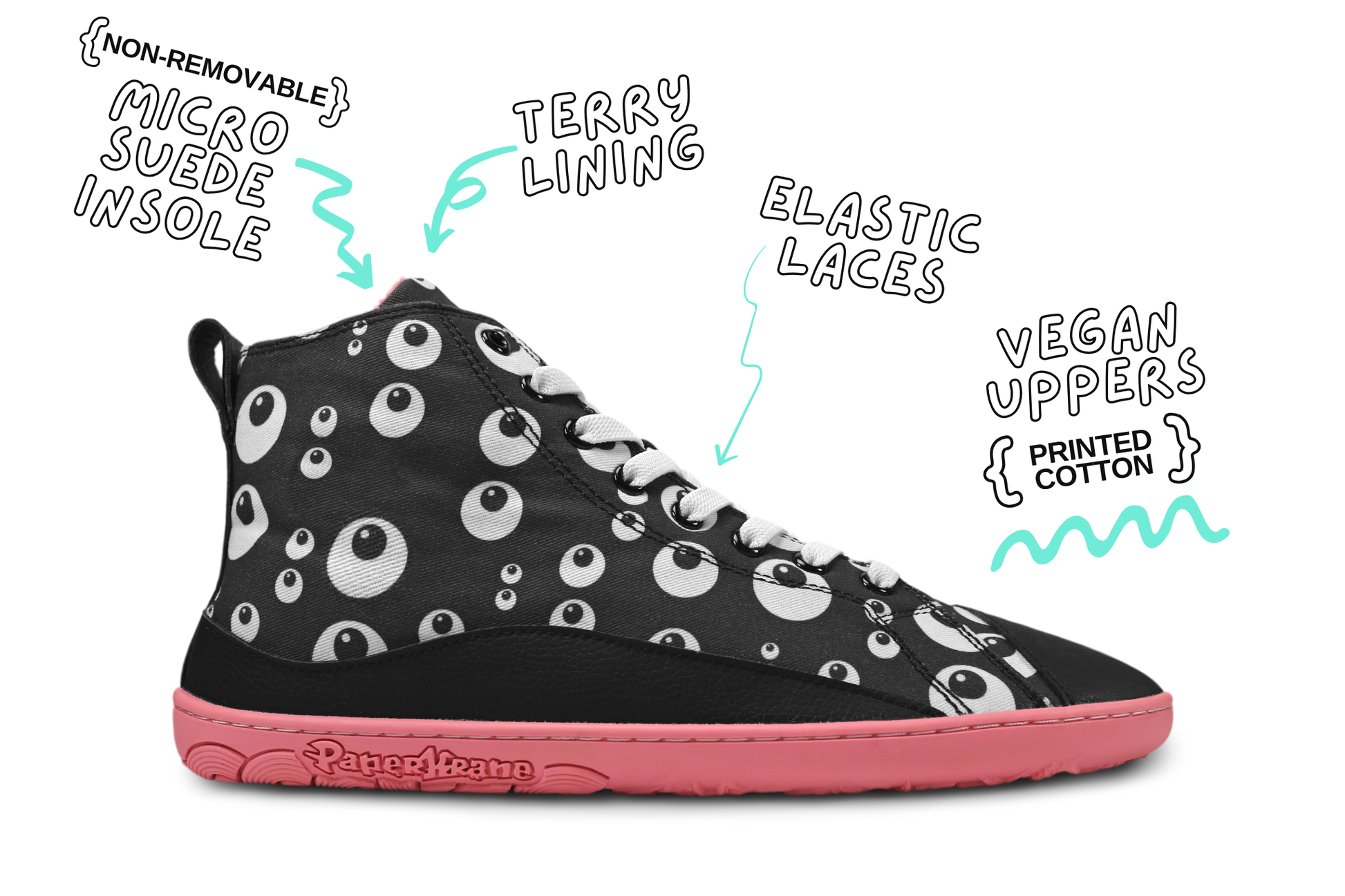 Side view of black PaperKrane barefoot high top with cartoon eyeballs, this vegan boot has white elastic laces, and salmon coloured rubber sole. The boot is on a white background shoe details. 