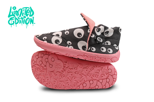 PaperKrane Signature Style slip on high tops for kids. The foot-shaped, barefoot, vegan design is even more fun with the cartoon eyeball print, and salmon coloured rubber soles. 