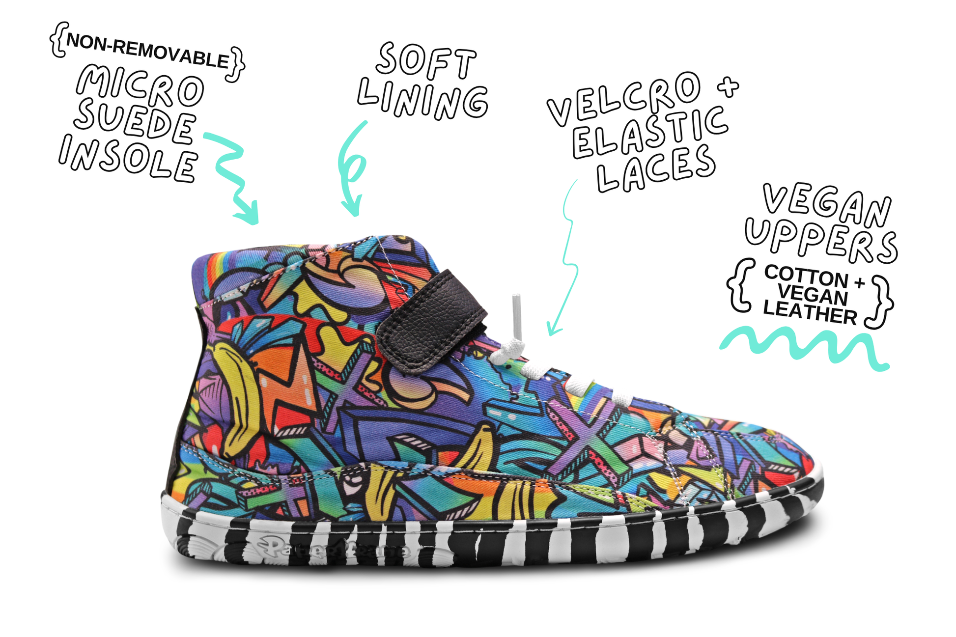 PaperKrane foot-shaped Mid Top barefoot shoes with graffiti print on cotton, black velcro strap, and zebra soles. Shows a side view of one shoe with details written on a white background.