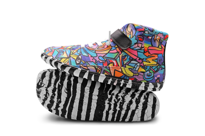 PaperKrane foot-shaped Mid Top barefoot shoes with graffiti print on cotton, black velcro strap, and zebra soles. The shot shows the sole and side view of this pair. 