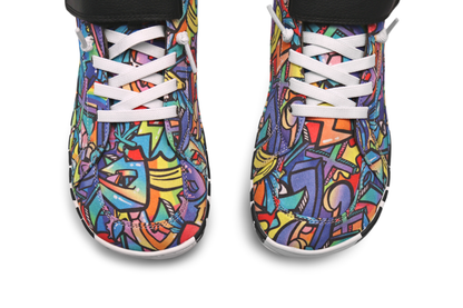 PaperKrane foot-shaped Mid Top barefoot shoes with graffiti print on cotton, black velcro strap, and zebra soles. Viewed from above you can see the wide toebox and colourful print. On a white background.