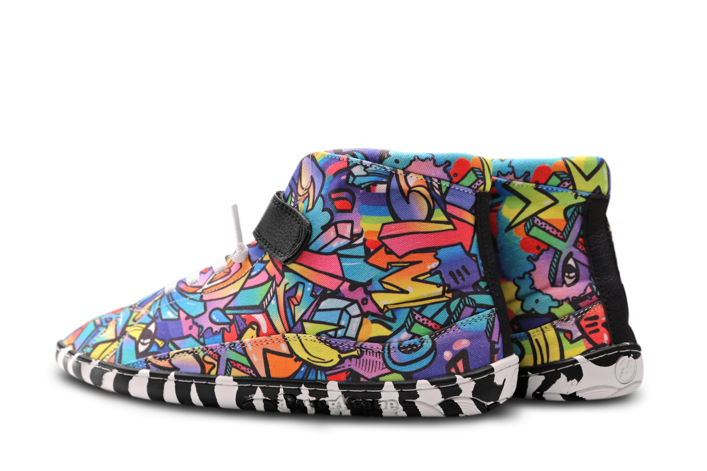 PaperKrane foot-shaped Mid Top barefoot shoes with graffiti print on cotton, black velcro strap, and zebra soles. The view is from the back of the shoe, it gives a clear look at more of the graffiti print. 