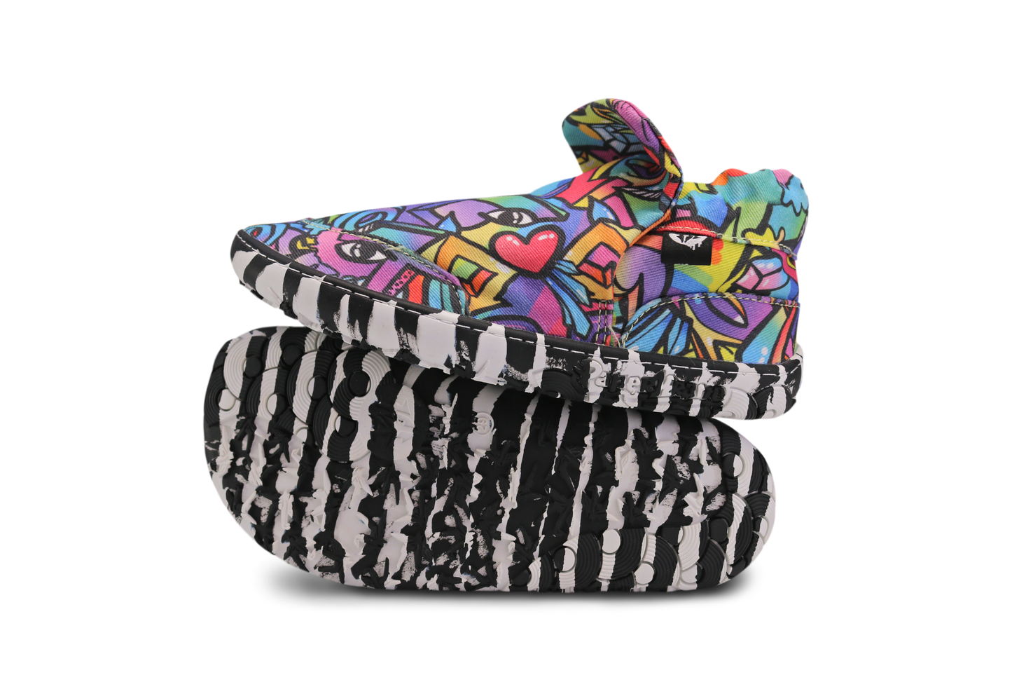 PaperKrane Graffiti signature style barefoot shoe slip ons, with hand-drawn graffiti print and zebra soles, can see the side and sole of one pair.