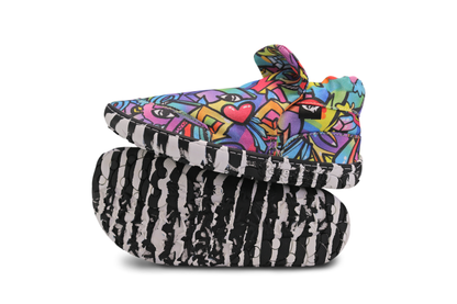 PaperKrane Graffiti signature style barefoot shoe slip ons, with hand-drawn graffiti print and zebra soles, can see the side and sole of one pair.