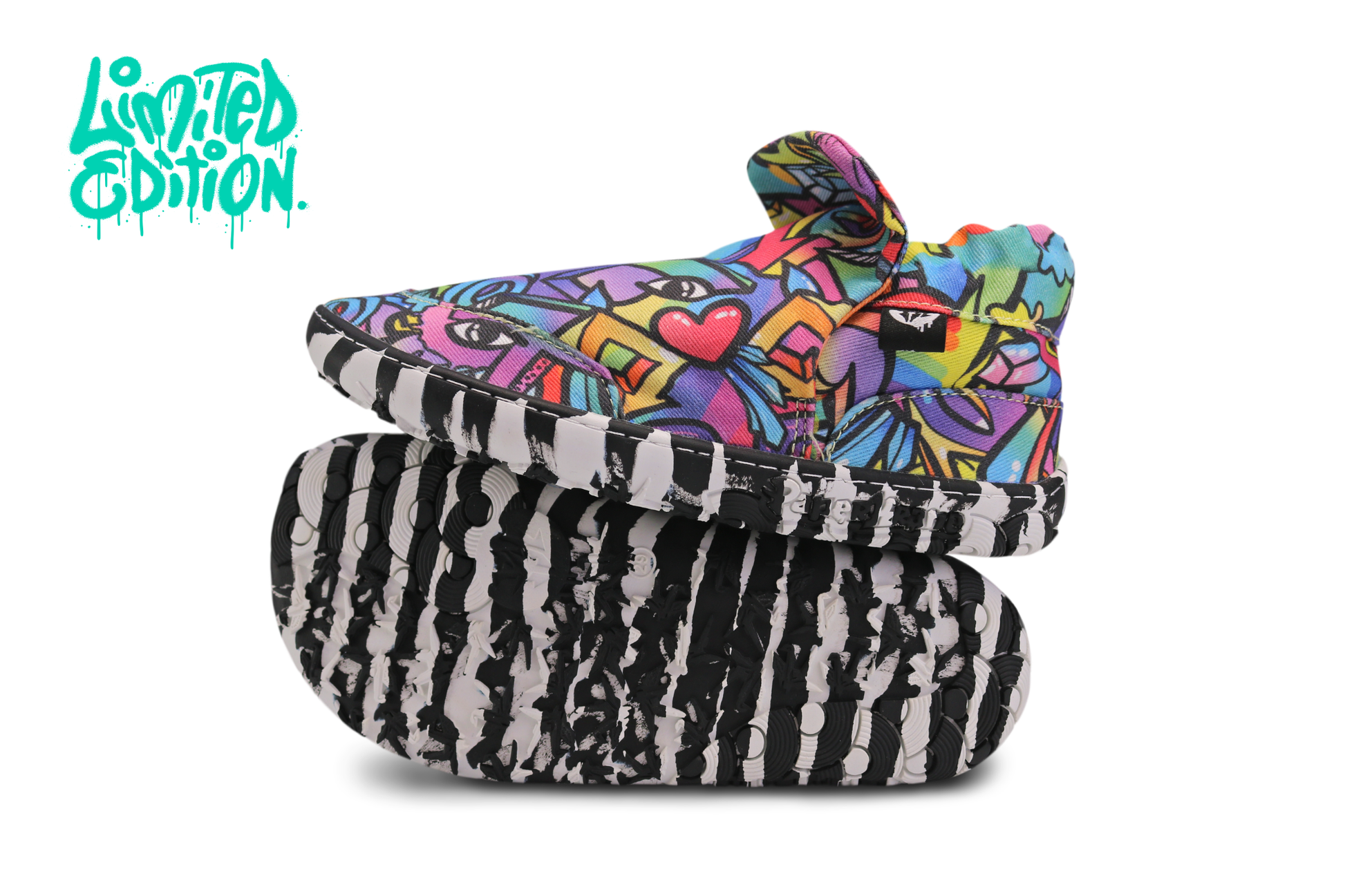 Colourful foot-shaped graffiti print and zebra-striped slip-on shoes for kids with 'Limited Edition' text on a white background