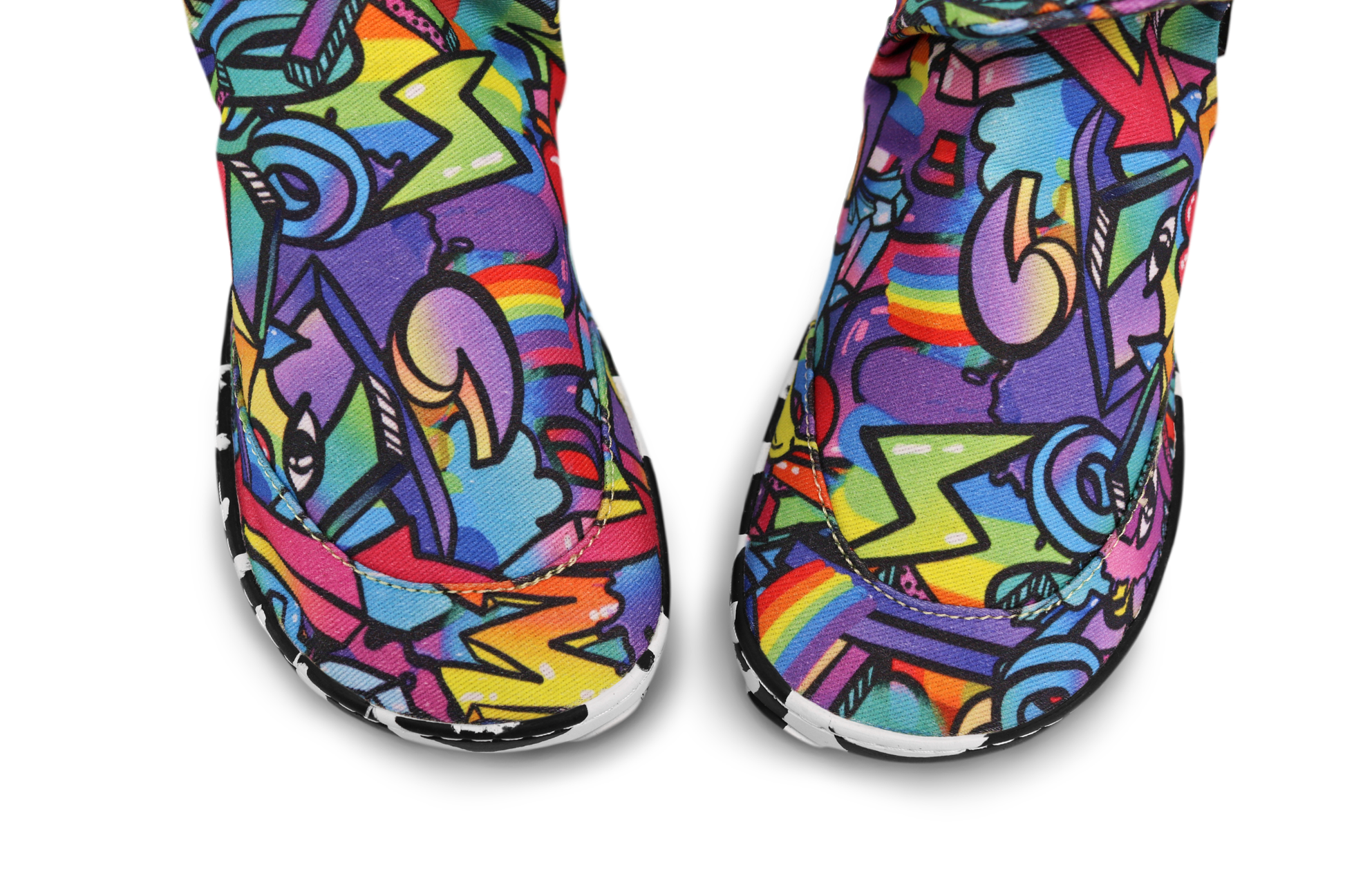 PaperKrane Graffiti signature style barefoot shoe slip ons, with hand-drawn graffiti print and zebra soles, viewed from above, the foot-shaped toe box is visible.