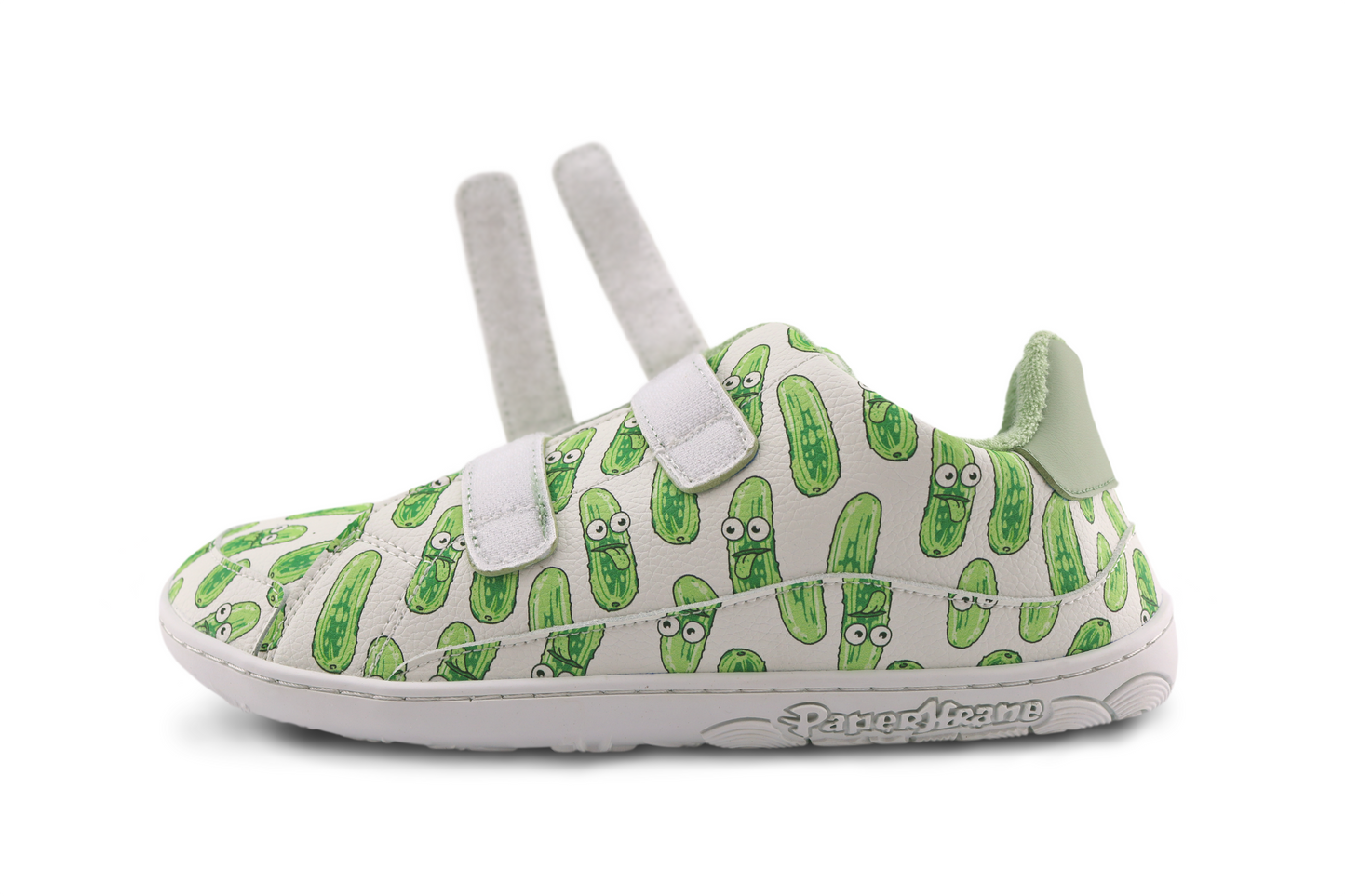 Velcro shoe with green pickle pattern on a white background