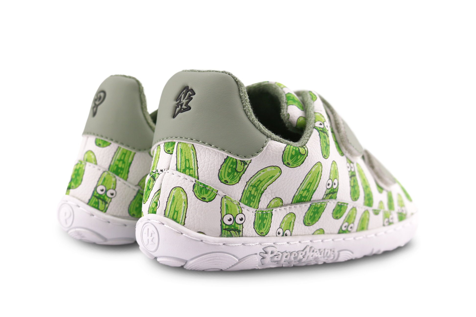 Velcro shoes with green pickle pattern on a white background