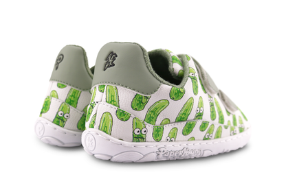 Velcro shoes with green pickle pattern on a white background