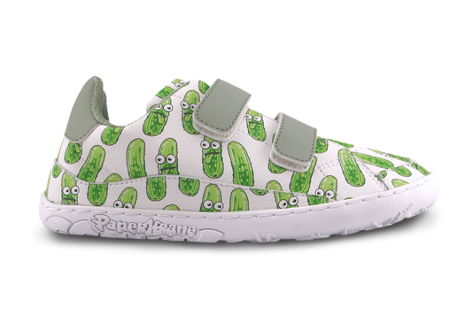 Velcro shoe with green pickle pattern on a white background
