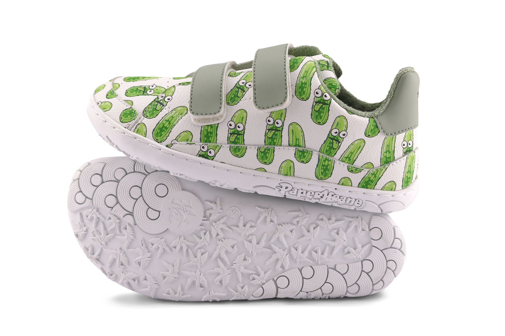 Velcro shoes with green pickle pattern on a white background