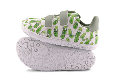 Velcro shoes with green pickle pattern on a white background