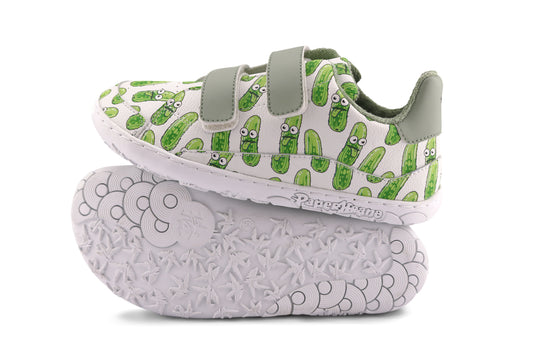 Velcro shoes with green pickle pattern on a white background