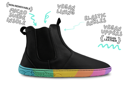Black vegan leather chelsea boot from PaperKrane with rainbow zero drop sole. There's writing with some features on a white background. 