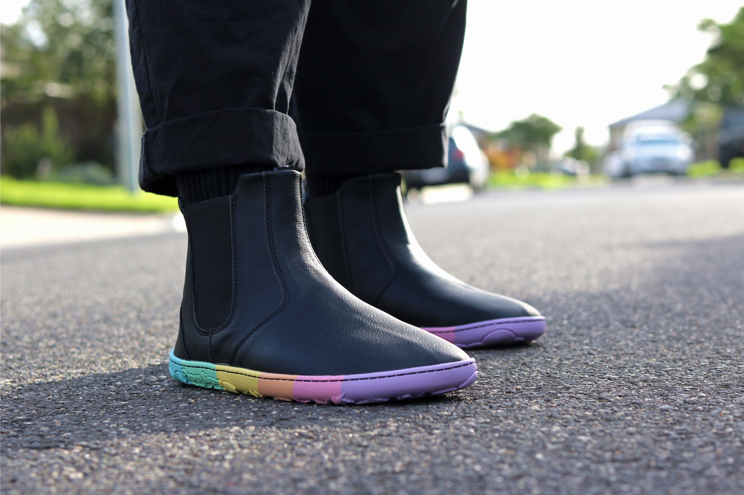 BLACK VEGAN LEATHER RAINBOW SOLED BAREFOOT CHELSEA BOOTS FROM PAPERKRANE, ON THE STREET. 
