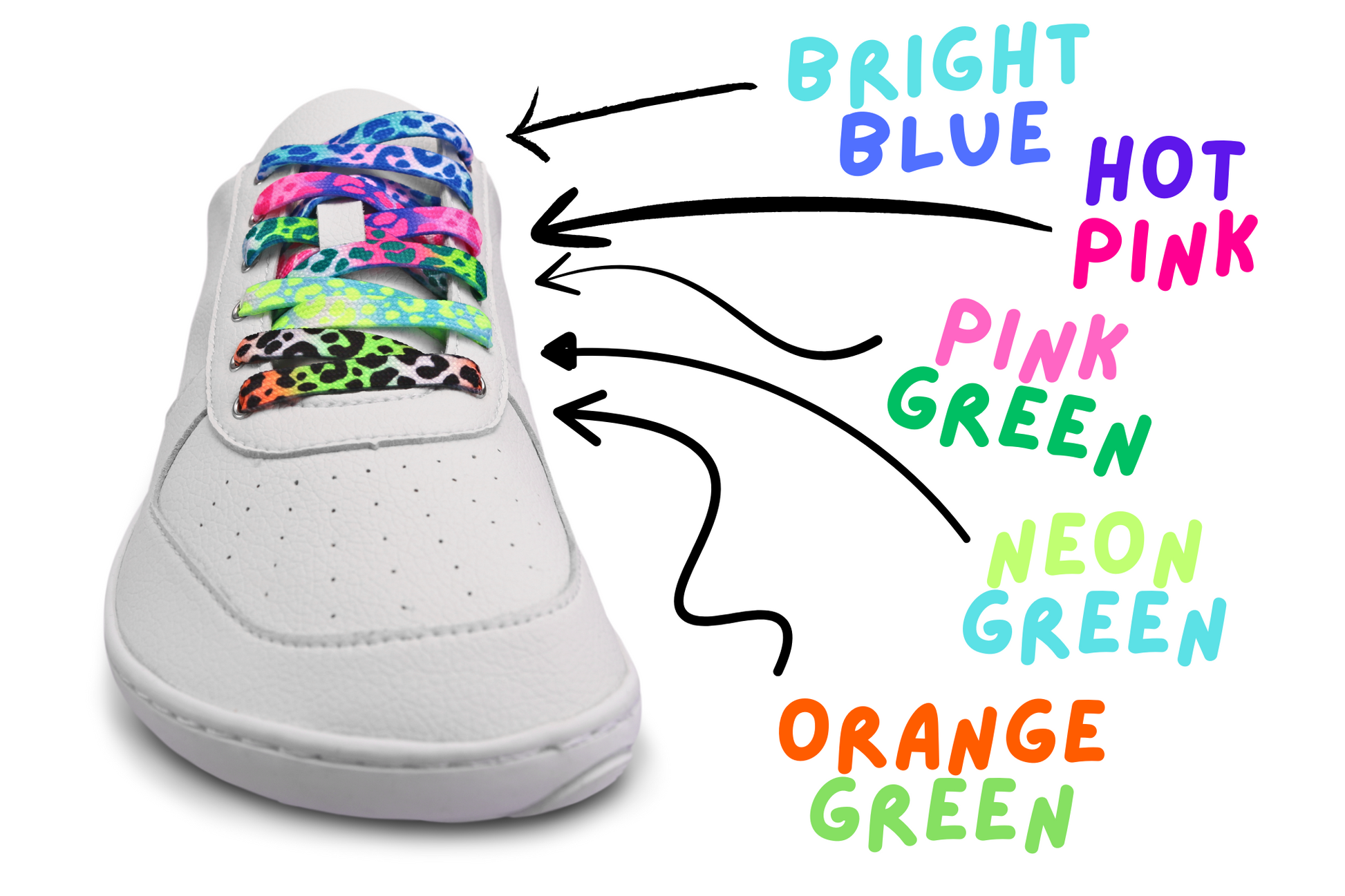 White PaperKrane low lace shoe with colorful leopard laces and labeled color options on a white background
