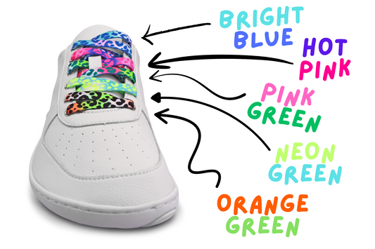 White PaperKrane low lace shoe with colorful leopard laces and labeled color options on a white background