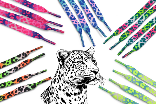 Colorful leopard print shoelaces with a black and white leopard illustration on a white background.