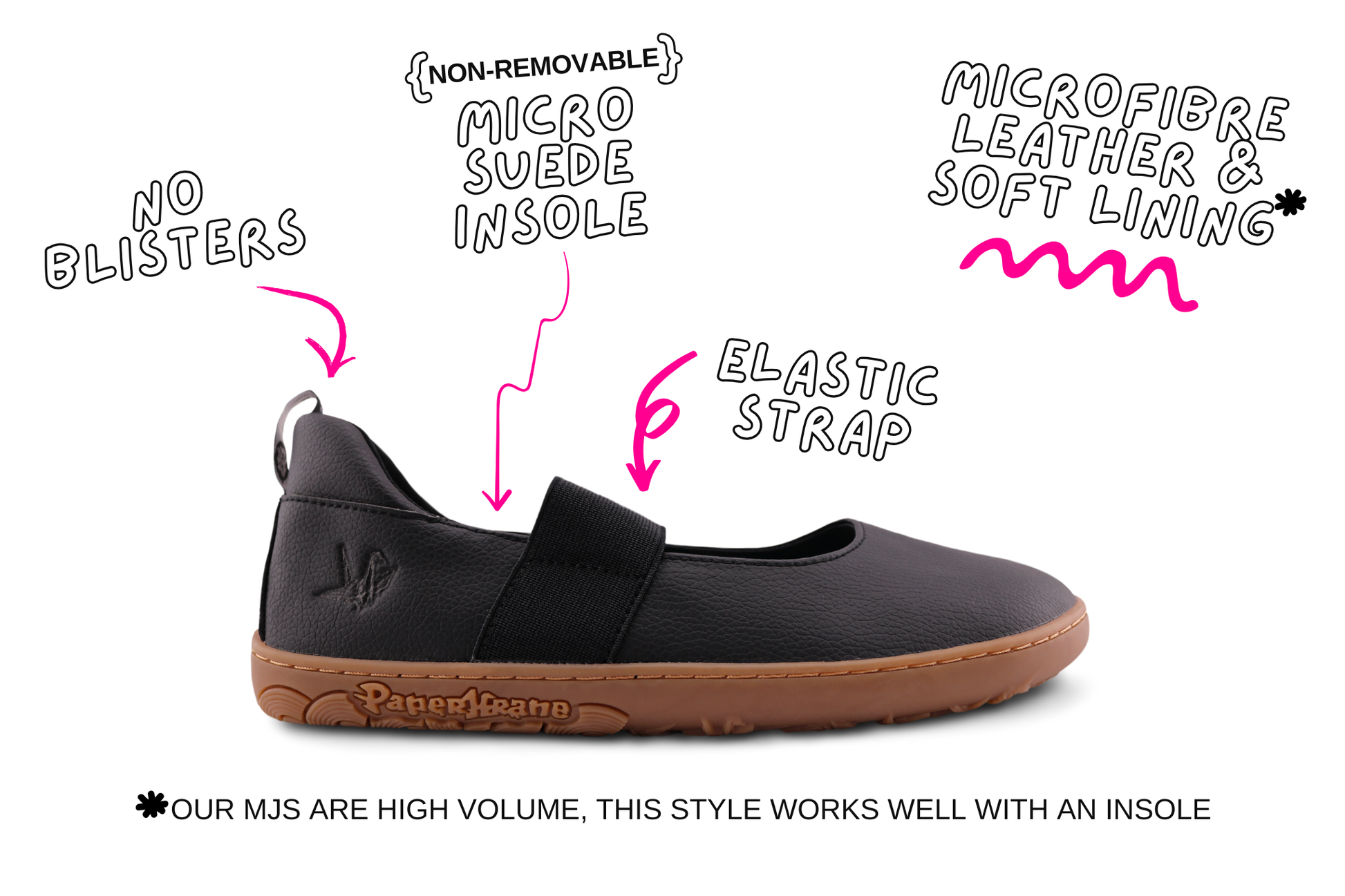 Side view of a black and gum mj from PaperKrane with product details on a white background