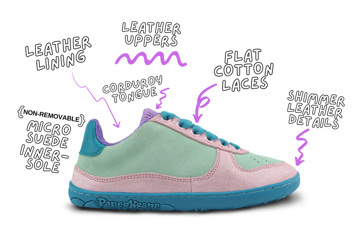 A pastel-colored PaperKrane barefoot sneaker with text callouts highlighting its materials and features, set against a plain white background.