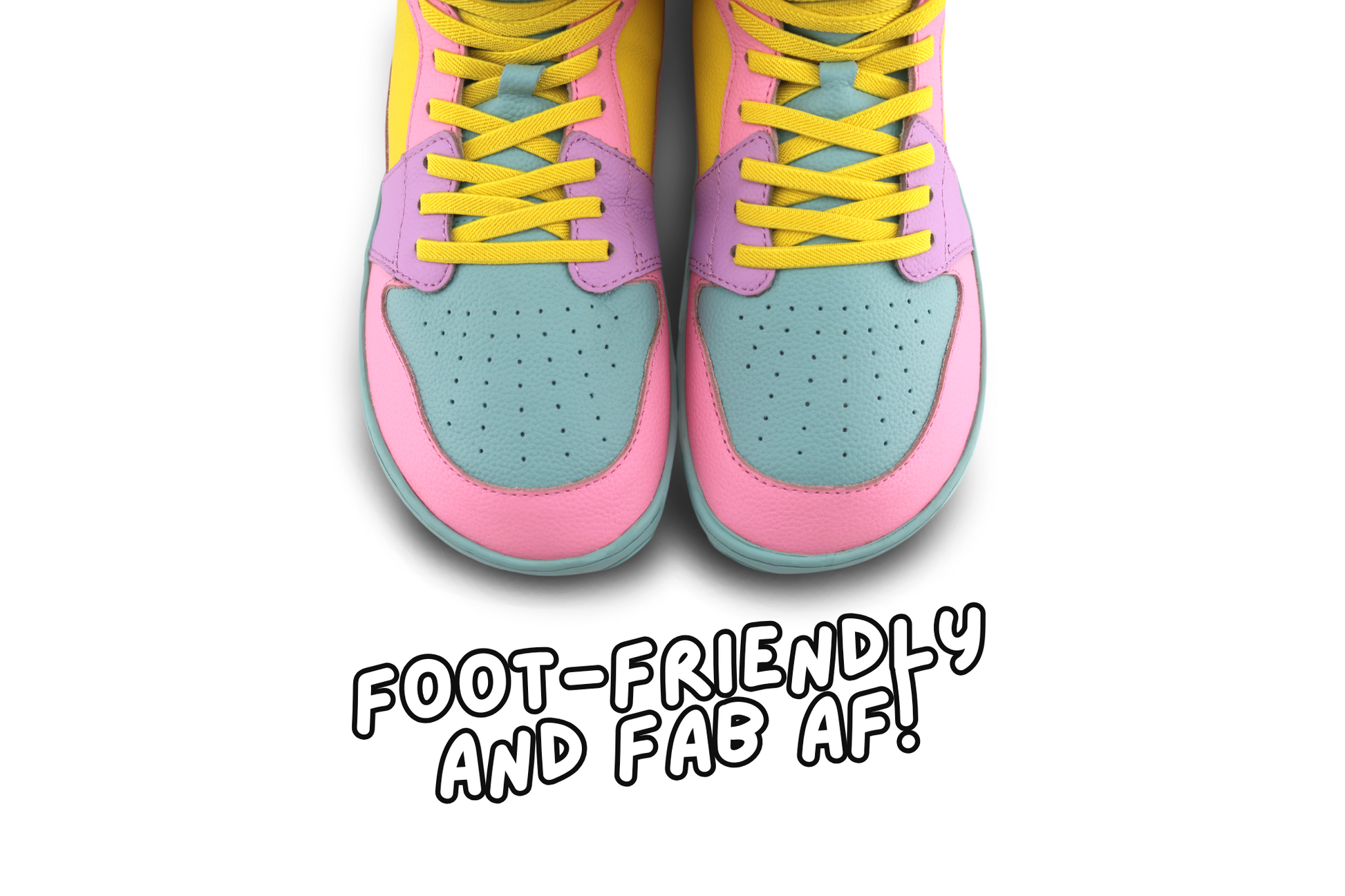 Colourful sneakers with pink and blue design on a white background