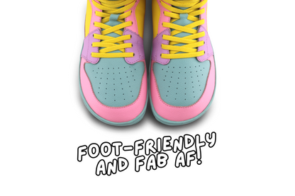 Colourful sneakers with pink and blue design on a white background