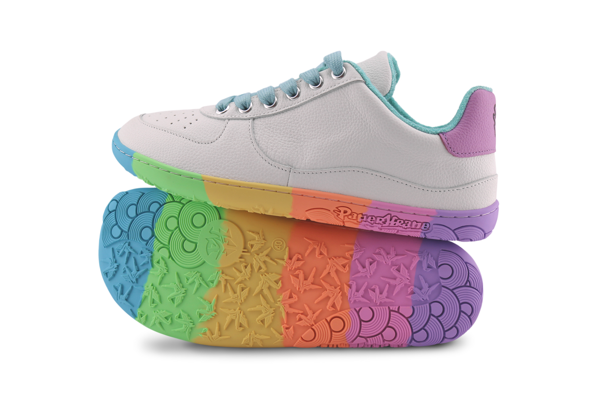 White barefoot leather sneaker with PaperKrane rainbow sole on a white background