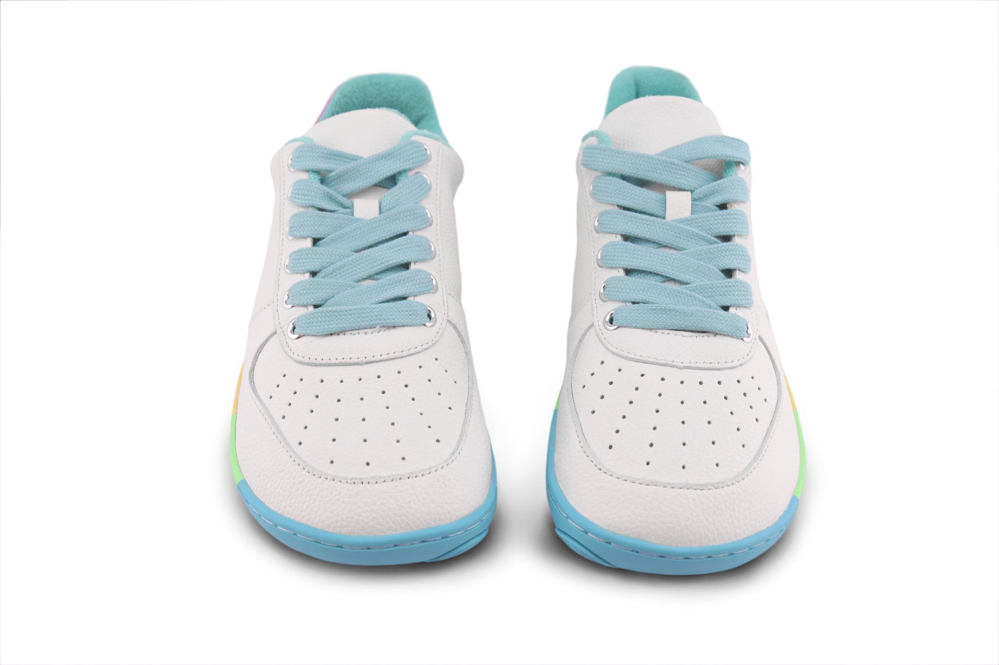 White foot-shaped sneakers with light blue laces on a white background