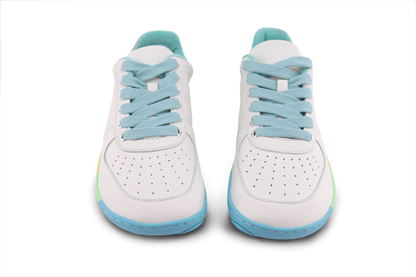 White foot-shaped sneakers with light blue laces on a white background