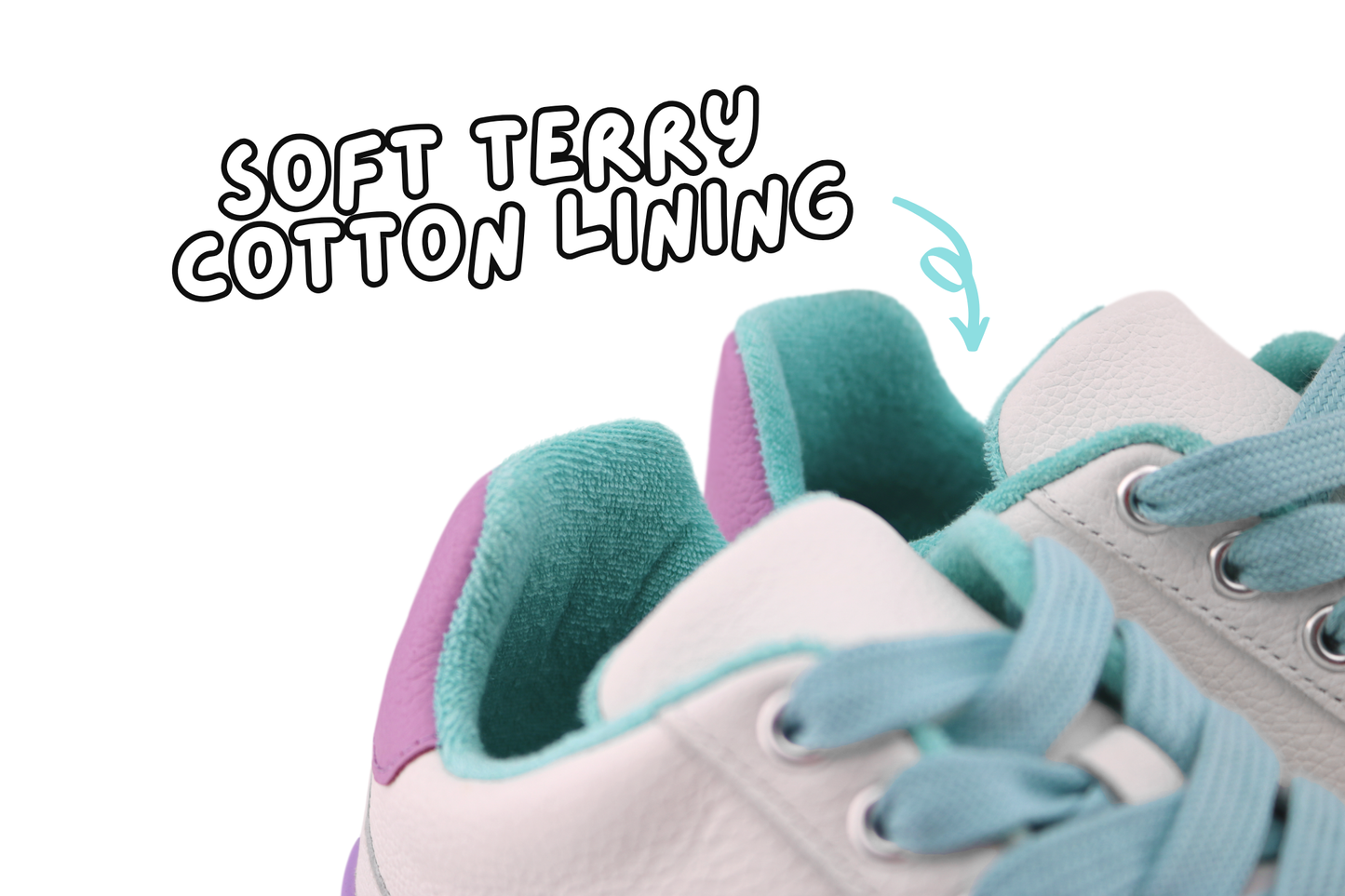 Close-up of a sneaker with soft terry cotton lining text and text on a white background