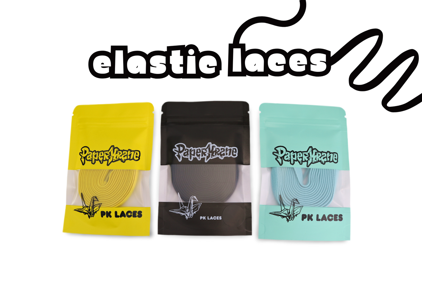 Three packages of 'PaperKrane' elastic laces in yellow, black, and blue on a white background.