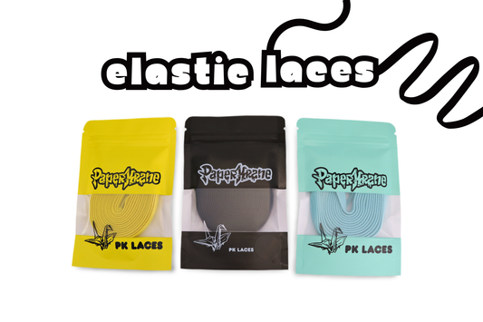 Three packages of 'PaperKrane' elastic laces in yellow, black, and blue on a white background.