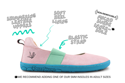A pink PaperKrane flat mary jane shoe with a mint green strap and a bright teal sole, shown with hand-drawn callouts pointing to its features: shimmering leather uppers, soft heel lining, elastic strap, and non-removable micro suede inner sole. A recommendation note is printed at the bottom.
