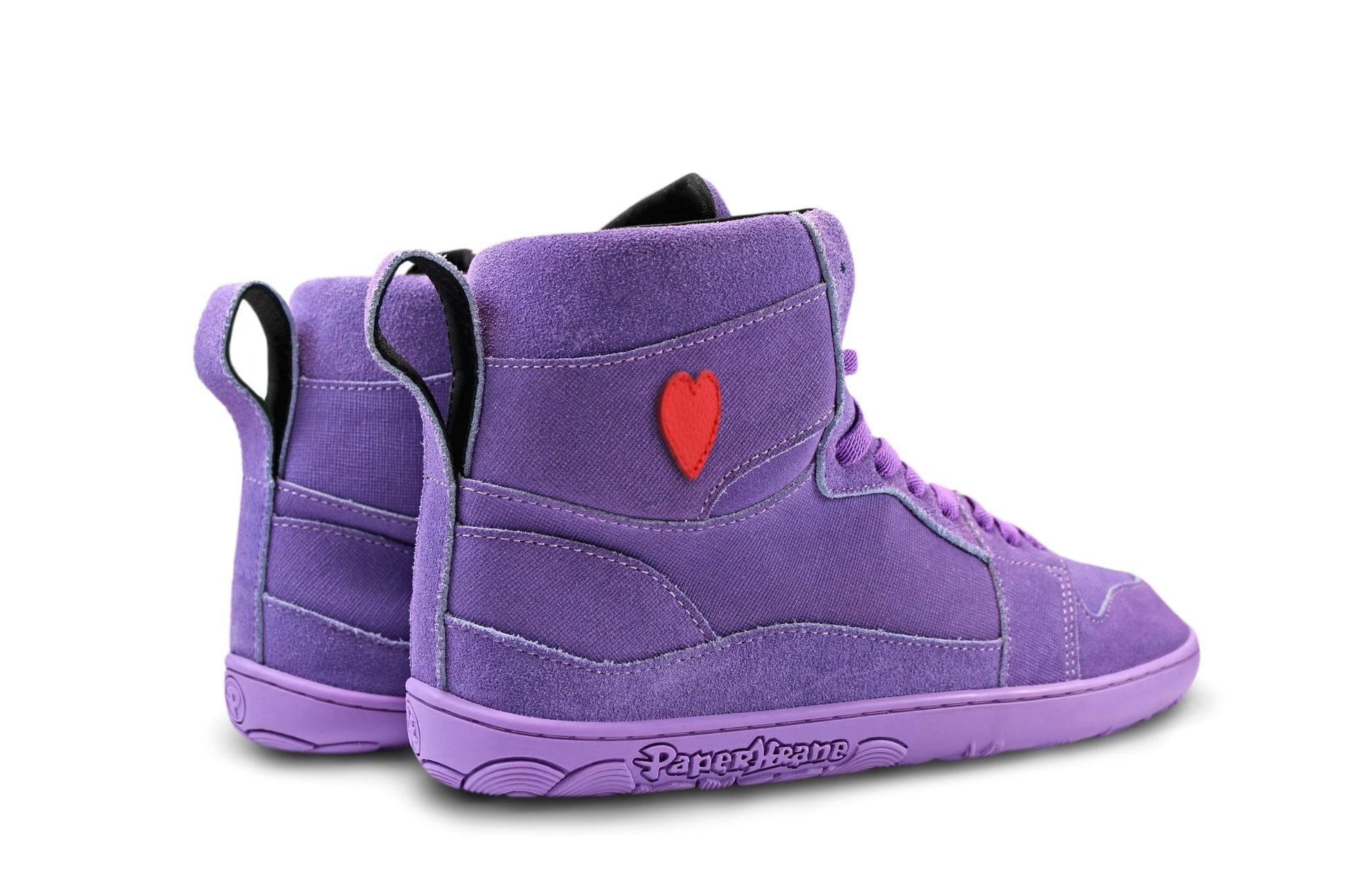 Purple high-top sneakers with a red heart on a white background