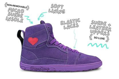 Purple high-top sneaker with a red heart on a white background, featuring text labels about shoe features.