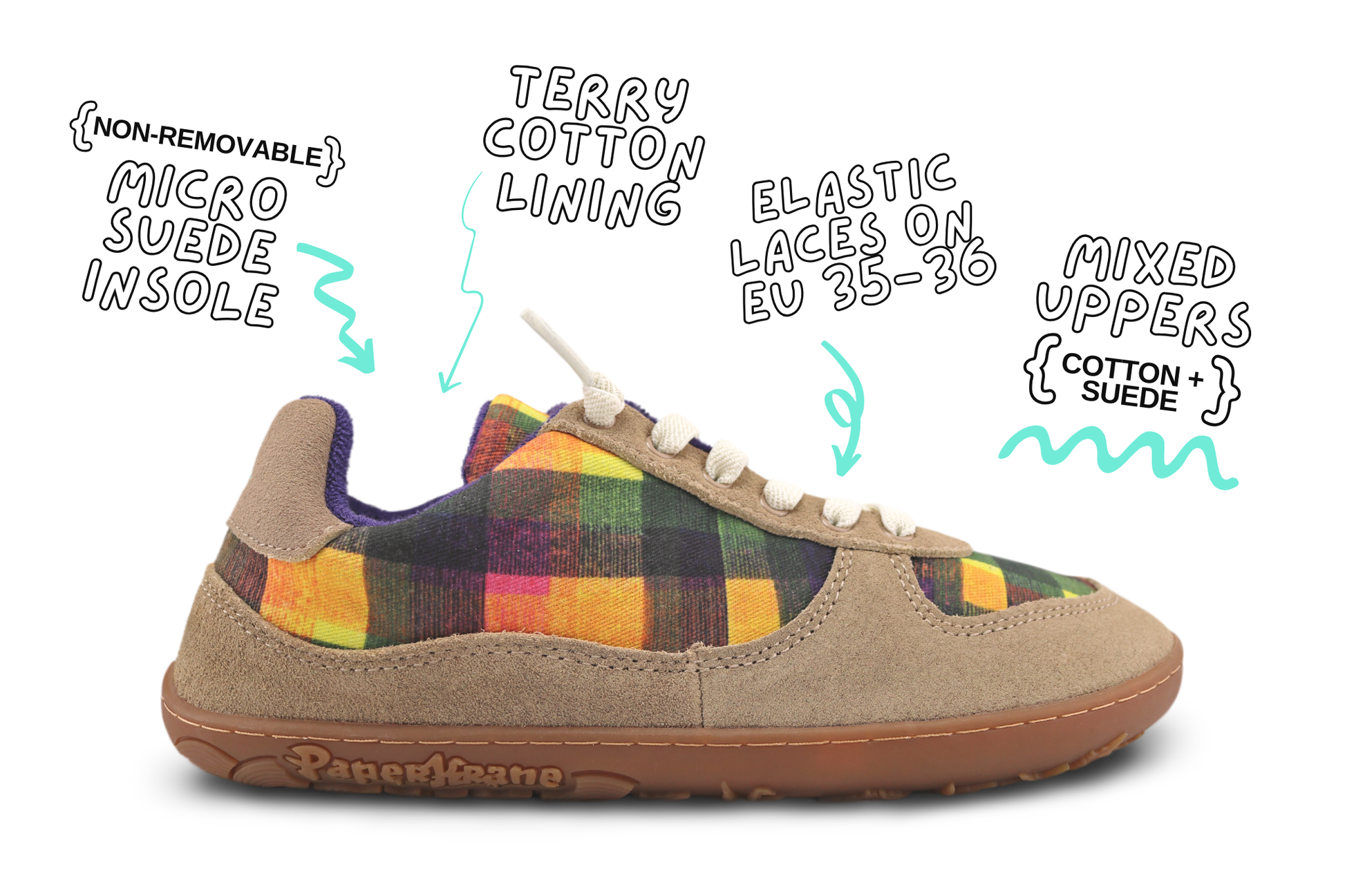 Sneaker with tan suede, gum sole, and plaid pattern with text highlighting features of the barefoot sneaker on a white background