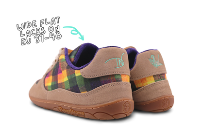 Pair of tan PaperKrane barefoot sneakers with Di Nowinski plaid pattern on a white background - these are EU 37-46 with wide flat laces. 