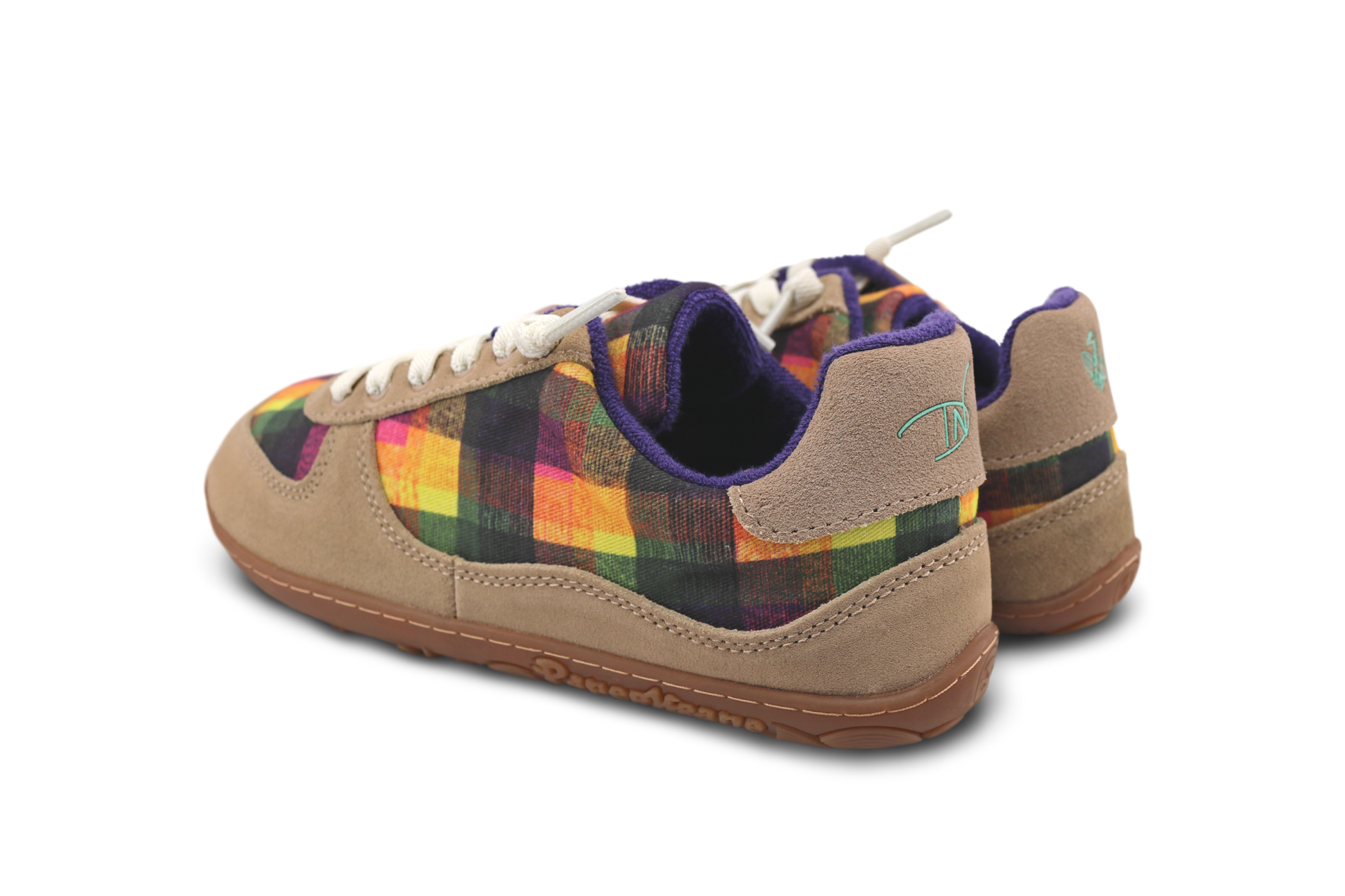 Pair of tan PaperKrane barefoot sneakers with Di Nowinski plaid pattern on a white background - these are EU 35 or 36 with elastic laces