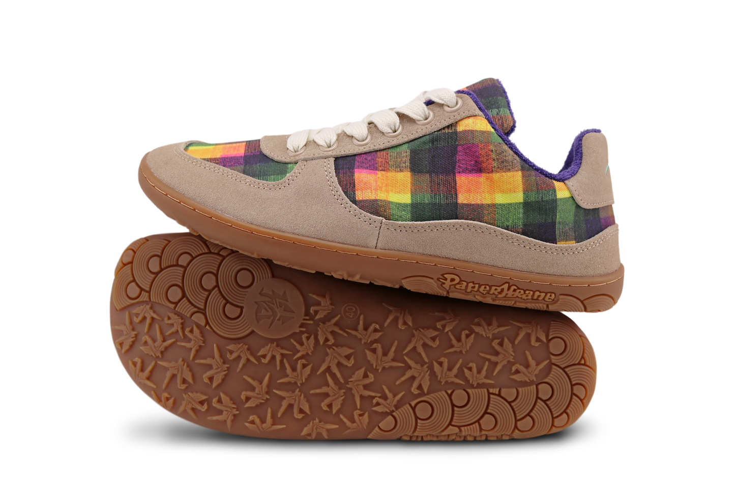 Beige and tan foot-shaped sneakers with plaid pattern with gum rubber sole on a white background