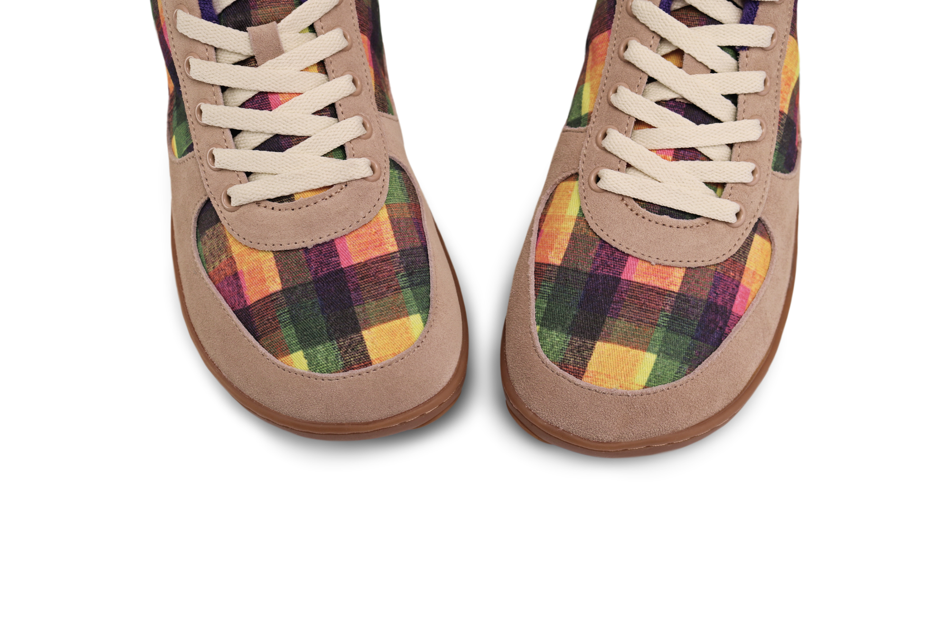 Pair of PaperKrane foot-shaped sneakers from above (looking over the toe box) with plaid pattern by Di Nowinski on a white background