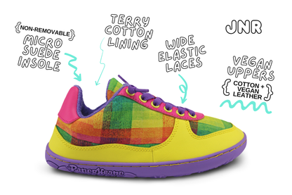 Colourful children's barefoot sneaker collab by PaperKrane and Di Nowinski with text highlighting features on a white background