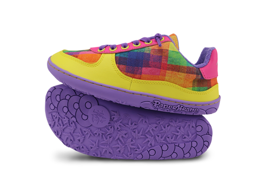 Colourful PaperKrane barefoot plaid sneaker with purple sole on a white background