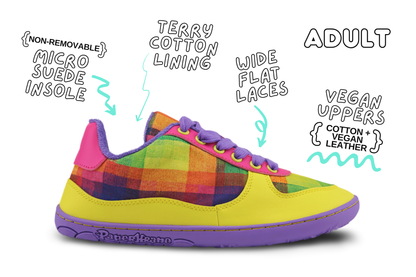 Colourful plaid print barefoot sneaker collab between PaperKrane and Di Nowinski with text highlighting features on a white background