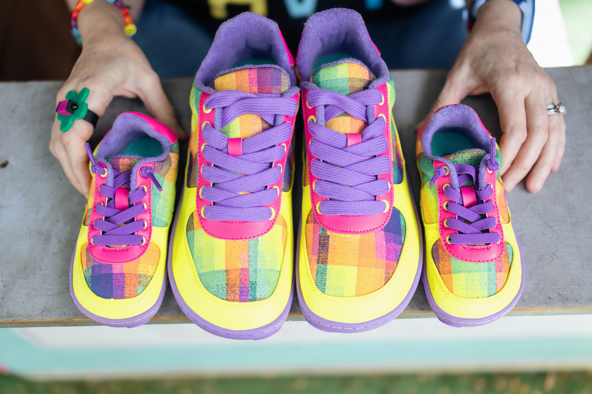 Matching child and adult barefoot shoes by PaperKrane. Featuring colourful plaid print by artist Di Nowinski, and bright vegan materials. 