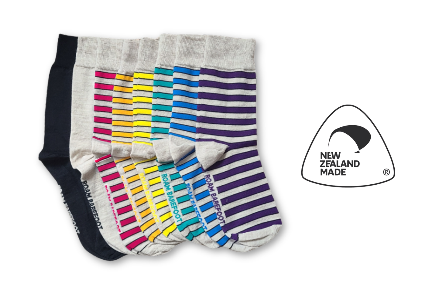 Set of colourful striped socks from Roam Barefoot with 'New Zealand Made' label on a white background